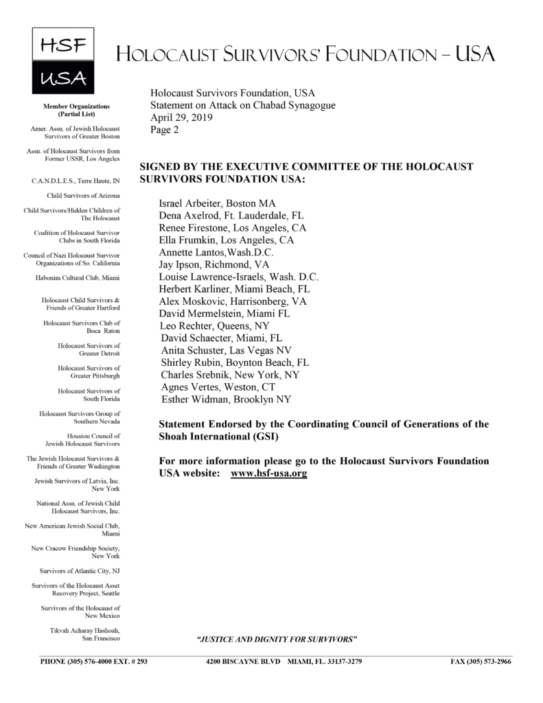 As Holocaust survivors and descendants of Holocaust survivors, we are outraged and saddened that, once again, a Jewish community was brazenly attacked during worship services on Shabbat, which was also the last day of Passover.